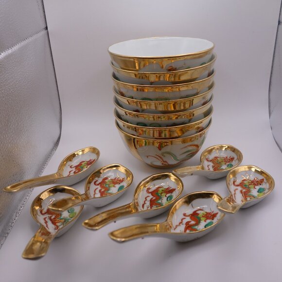 Set of Seven(7) Dragon Gold Color Soup Bowls & Spoons Made in Hong Kong - Picture 10 of 16